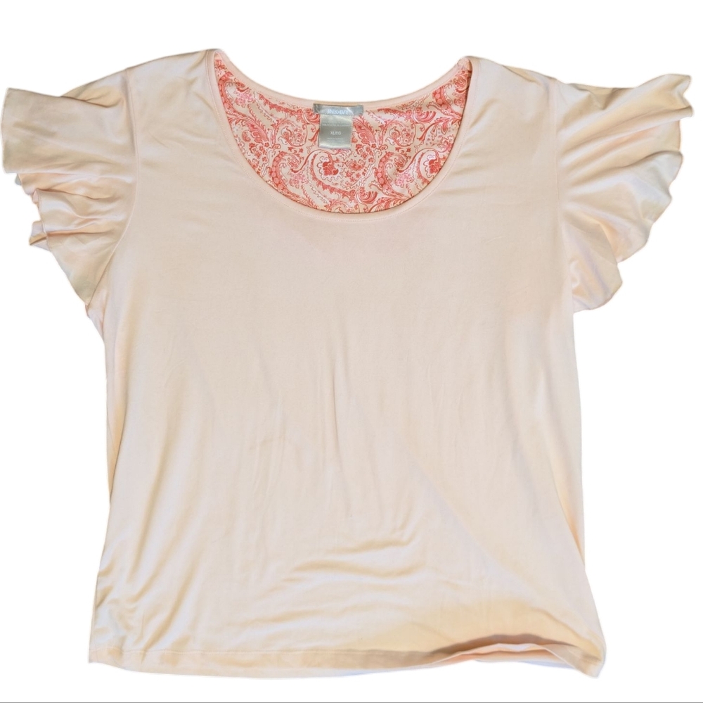 INK+IVY Womens Plus Size XL Peach Paisley Ruffle Sleeve‎ Top Shirt